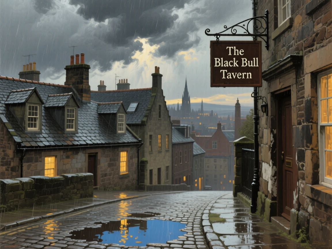 The historic rooftops of Edinburgh beneath a dramatic stormy sky, as reflections shimmer across nearby water or wet pavement, evoking a strong sense of place, history, and atmosphere