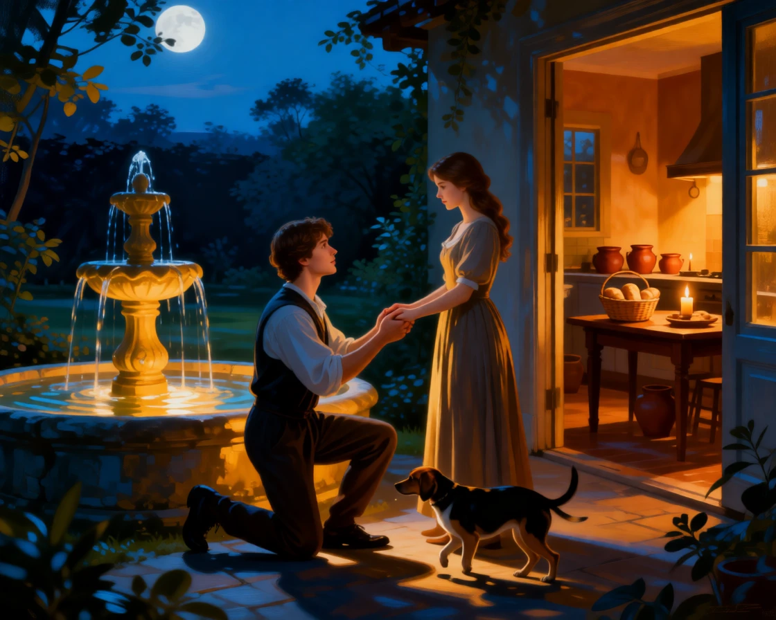 A young man proposing beside a moonlit garden fountain in a scene glowing with warmth and quiet devotion, set within a warmly lit kitchen filled with the smell of baking, with a family pet weaving happily between the figures; the composition draws the eye naturally to interlocked hands or shared eye contact, suggesting the enduring bonds between generations.