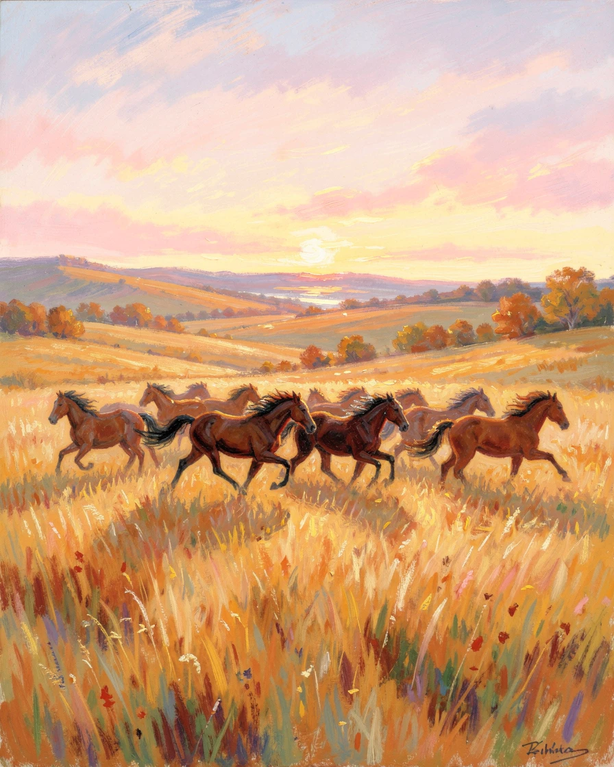A herd of wild horses galloping freely across an open golden prairie at sunset, in the golden days of autumn, inspiring awe at the beauty of the scene.