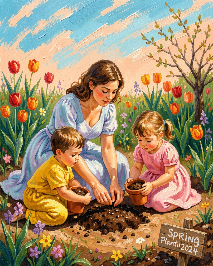 A mother teaching her twins to plant seeds in the garden on a spring morning.