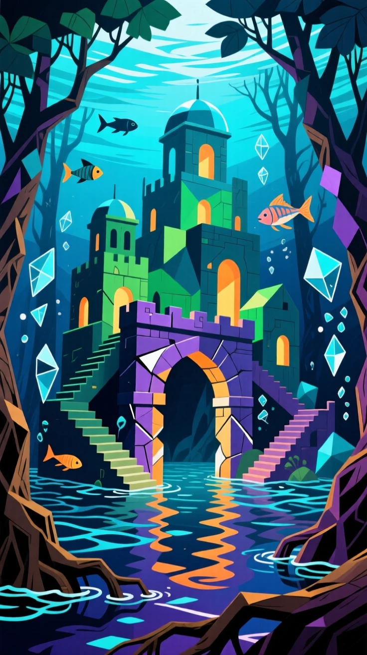A magical scene of a sunken city glowing beneath the waves deep within an ancient enchanted forest.