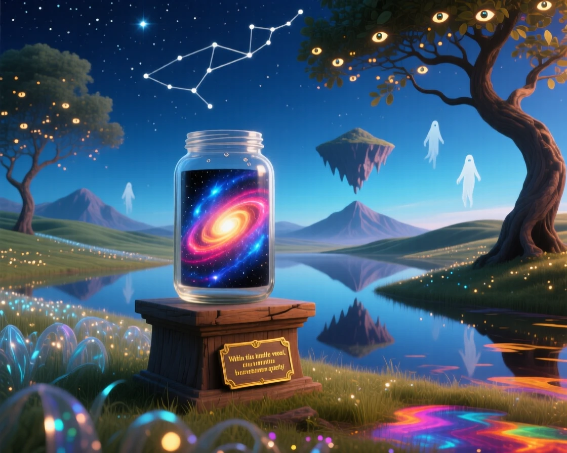 A galaxy spiraling slowly inside a simple glass jar casts a soft glow across a still and quiet landscape, while the entire scene shimmers with quiet, cosmic stillness.