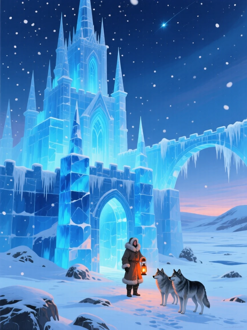 A towering ice castle rises from a frozen tundra, its translucent walls glowing blue from an inner light as snow falls gently around it, the composition balancing epic scale with small, intimate storytelling details.