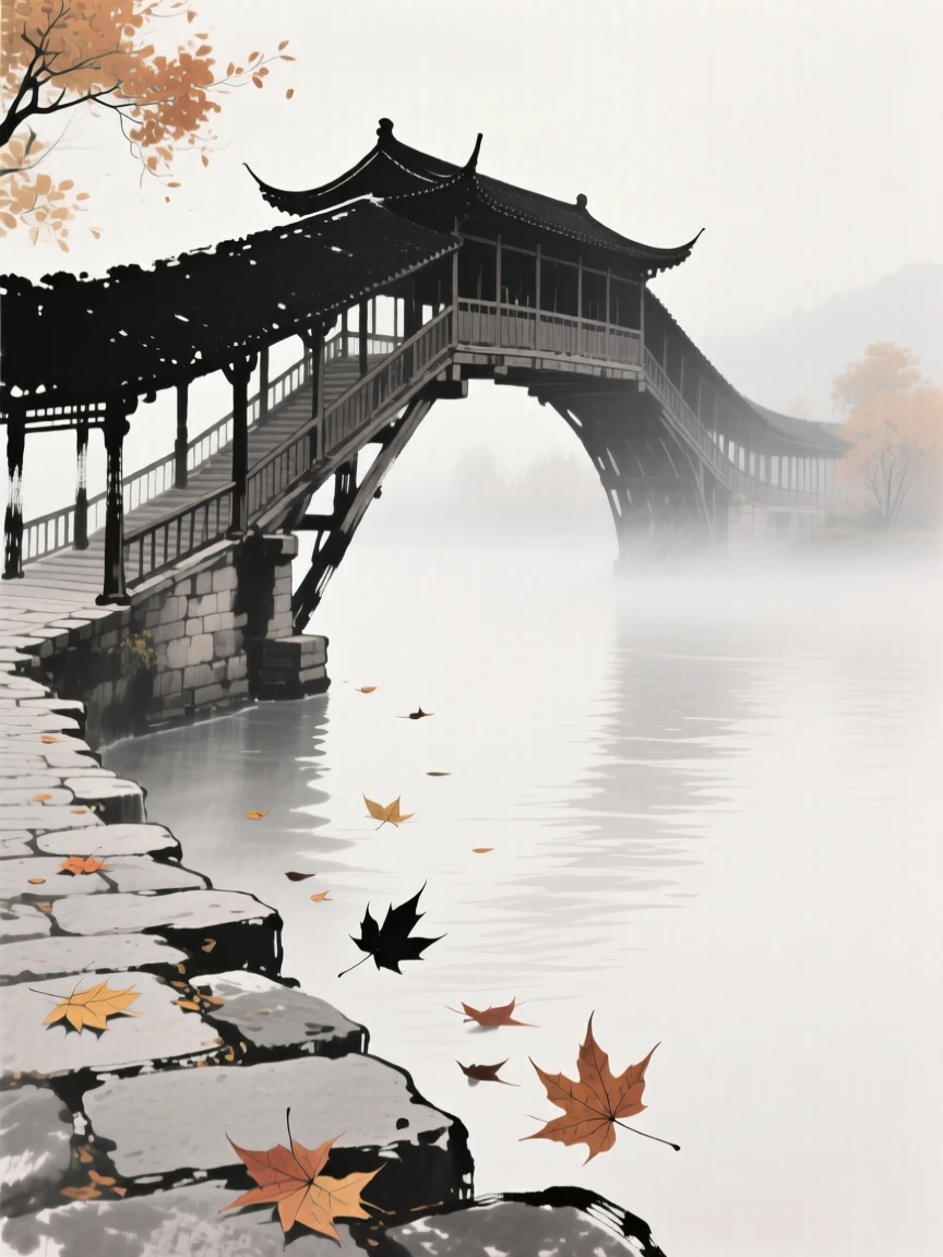 A long covered bridge stretches across a wide misty river, as autumn leaves drift down onto its worn stones.