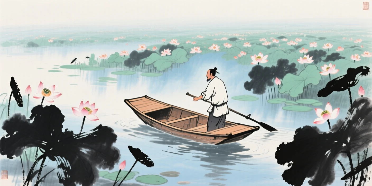 A boatman poling his craft gently through a field of lotus, radiating gentle serenity.