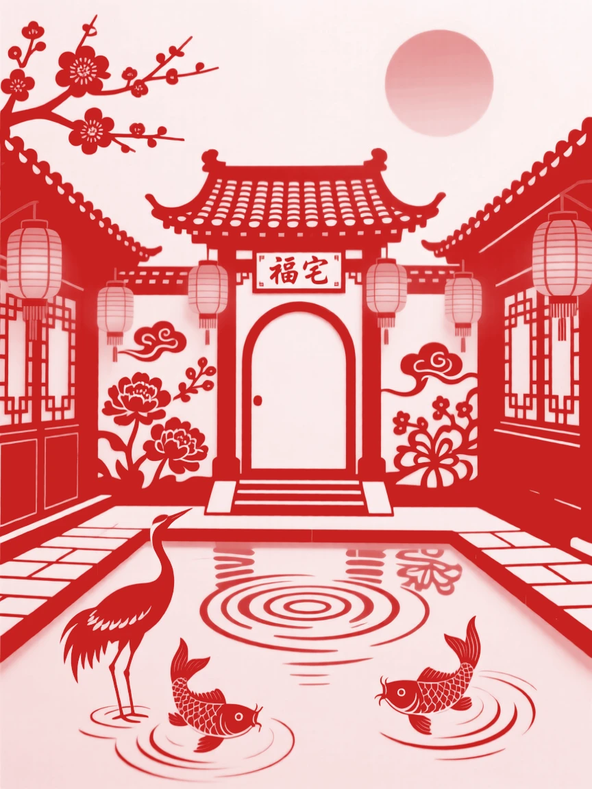 A courtyard house, as lanterns are lit for the coming night, reflections rippling in the still water beside it.