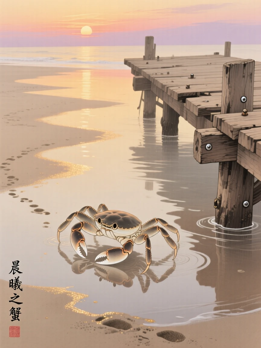 A crab scuttling across wet sand beside a wooden dock at sunrise