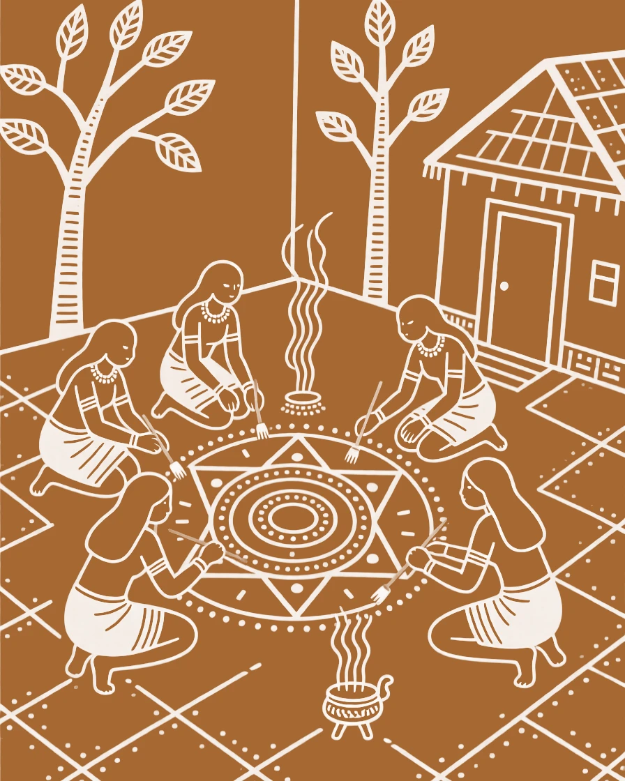 A group of women drawing a ritual pattern at their doorstep in a courtyard filled with the scent of incense.