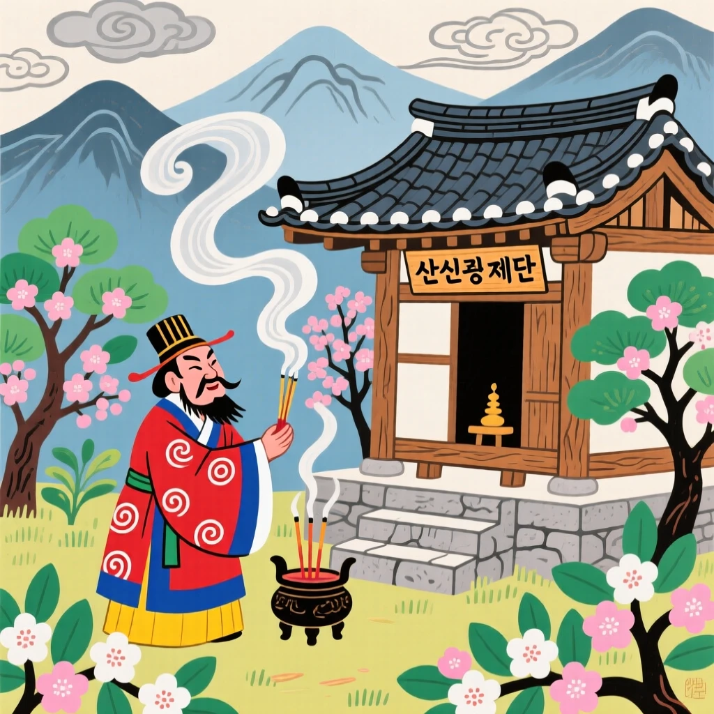 A village shaman offering incense at a hidden mountain shrine, in the soft light of early spring.