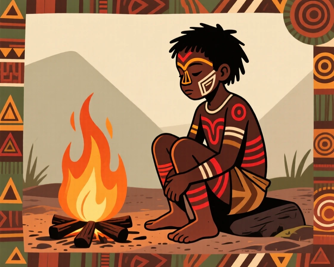 A barefoot child sitting quietly beside a cooking fire.