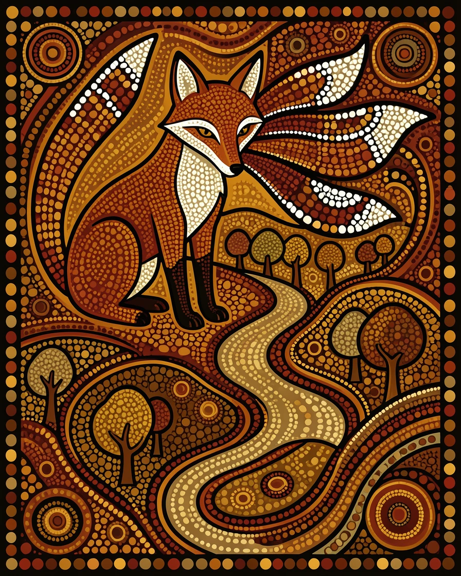 A kitsune fox spirit watching over a hidden valley