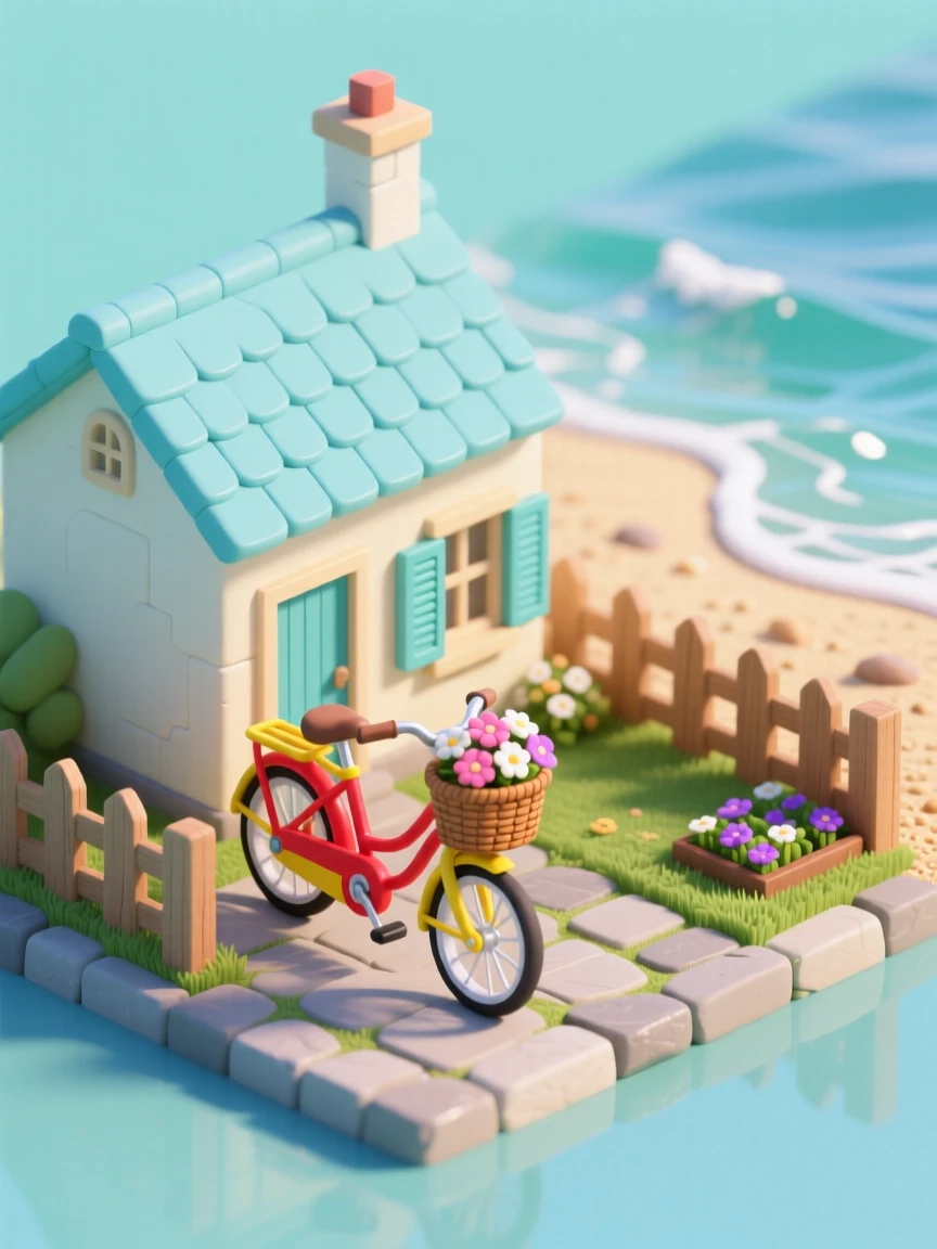 A colorful bicycle built for two parked outside a seaside cottage, a basket of flowers on the front, waves lapping nearby.
