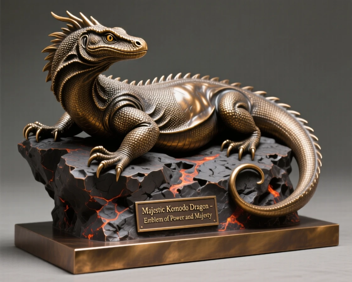 A majestic komodo dragon basking on volcanic rock, with fine, lifelike detail in fur and feather, evoking wonder and majesty