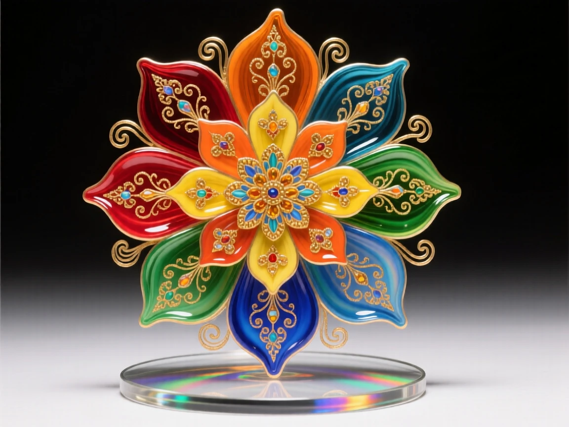 A traditional Indian rangoli pattern made of vibrant flower petals, intricate and colorful.
