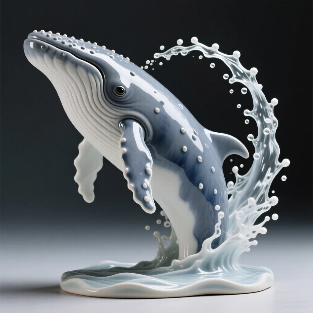 A breaching humpback whale breaching in a dramatic arc of spray, dotted with tiny, glimmering droplets, conveying calm, fluid tranquility.
