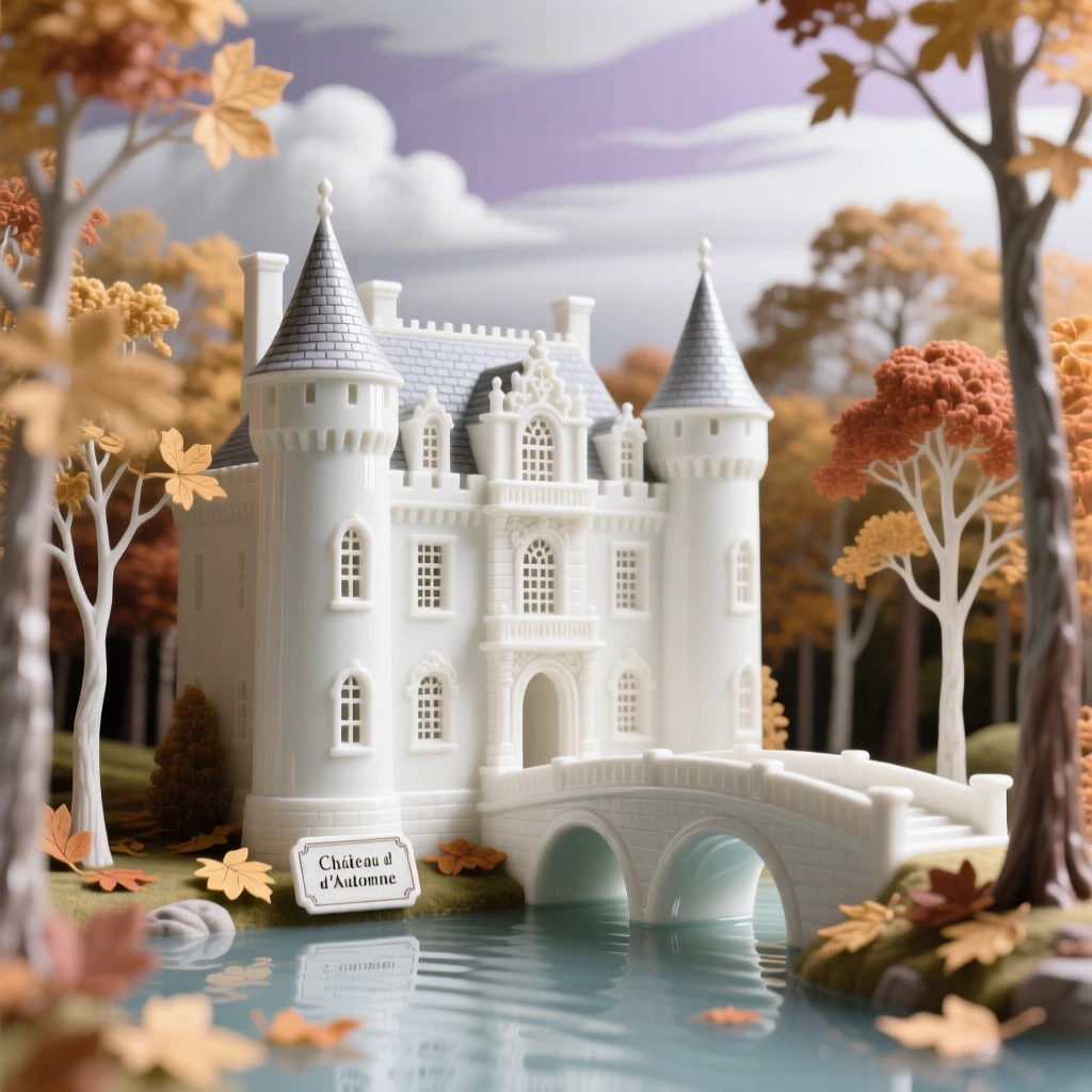 A moated castle surrounded by autumn forest, framed by a dramatic sky.