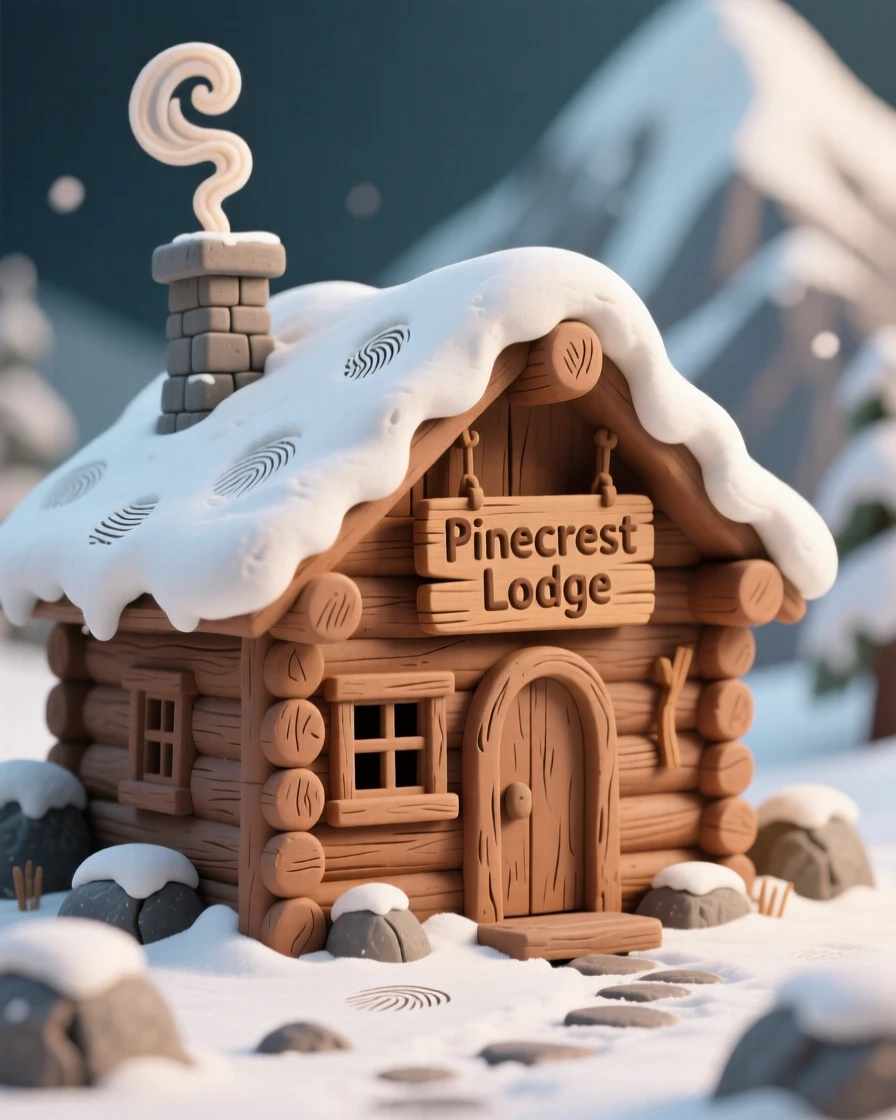 A snow-covered mountain lodge with smoke curling from its chimney