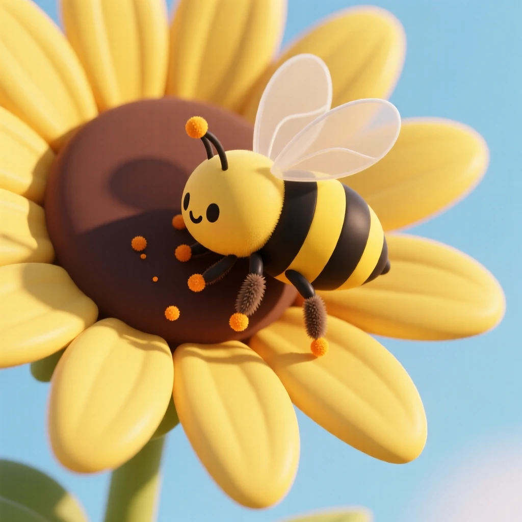 A busy honeybee lands gently on a sunflower, pollen dusting its fuzzy striped legs in the warm afternoon sun.