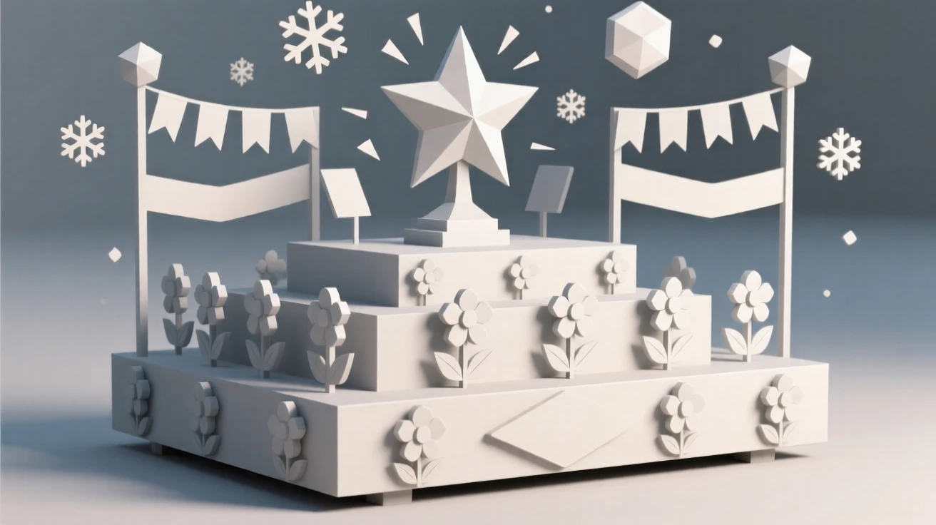 A festive parade float decorated with colorful flowers, as snow gently falls. the composition centers on the main celebratory focal point. It captures a moment of pure celebration.