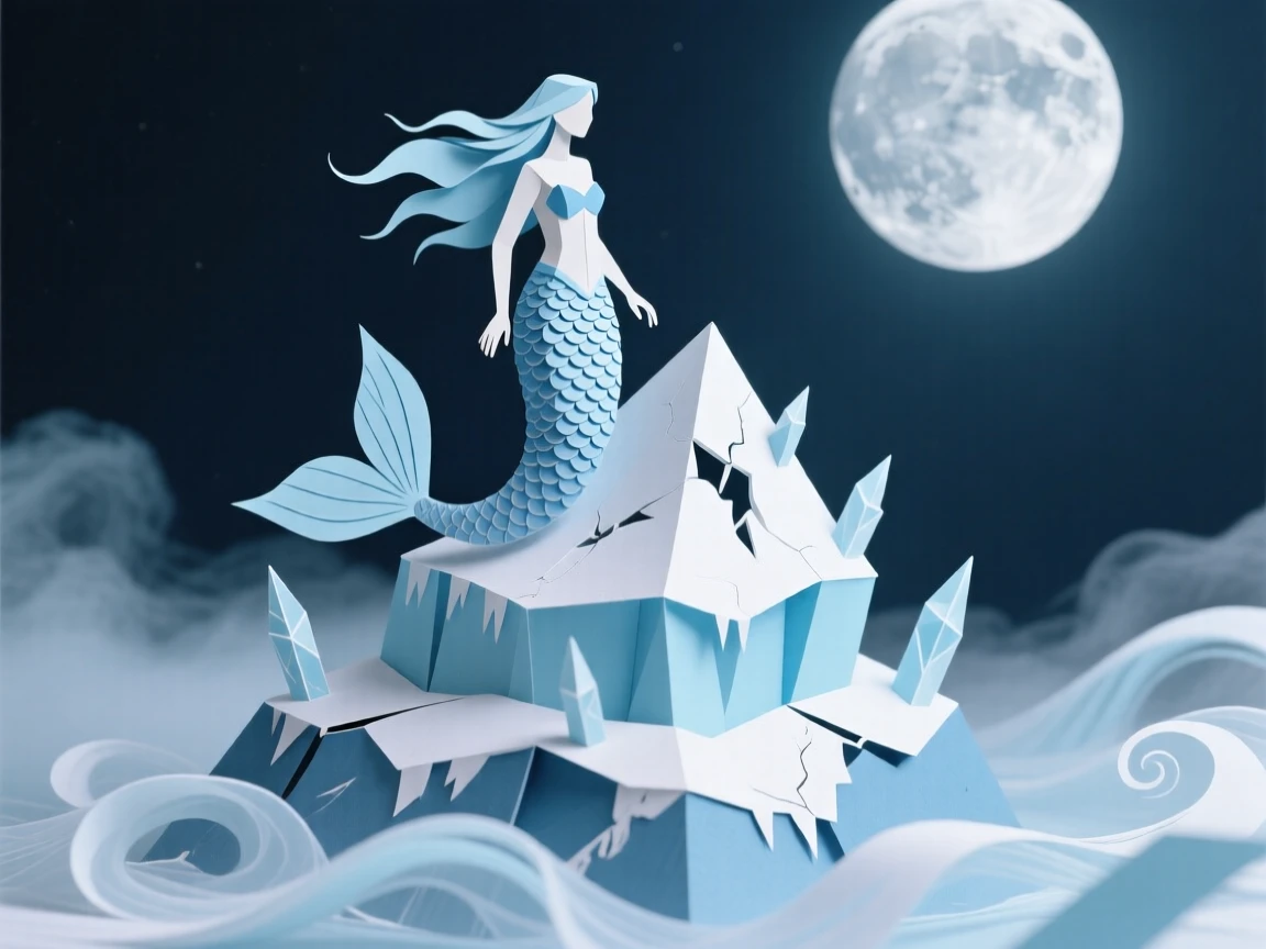 A moonlit mermaid standing atop a frozen mountain peak, with swirling mist wrapping around the scene, evoking ancient power and mystery.
