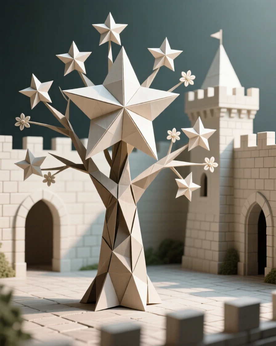 A castle courtyard where a single enormous tree blooms with stars instead of flowers.