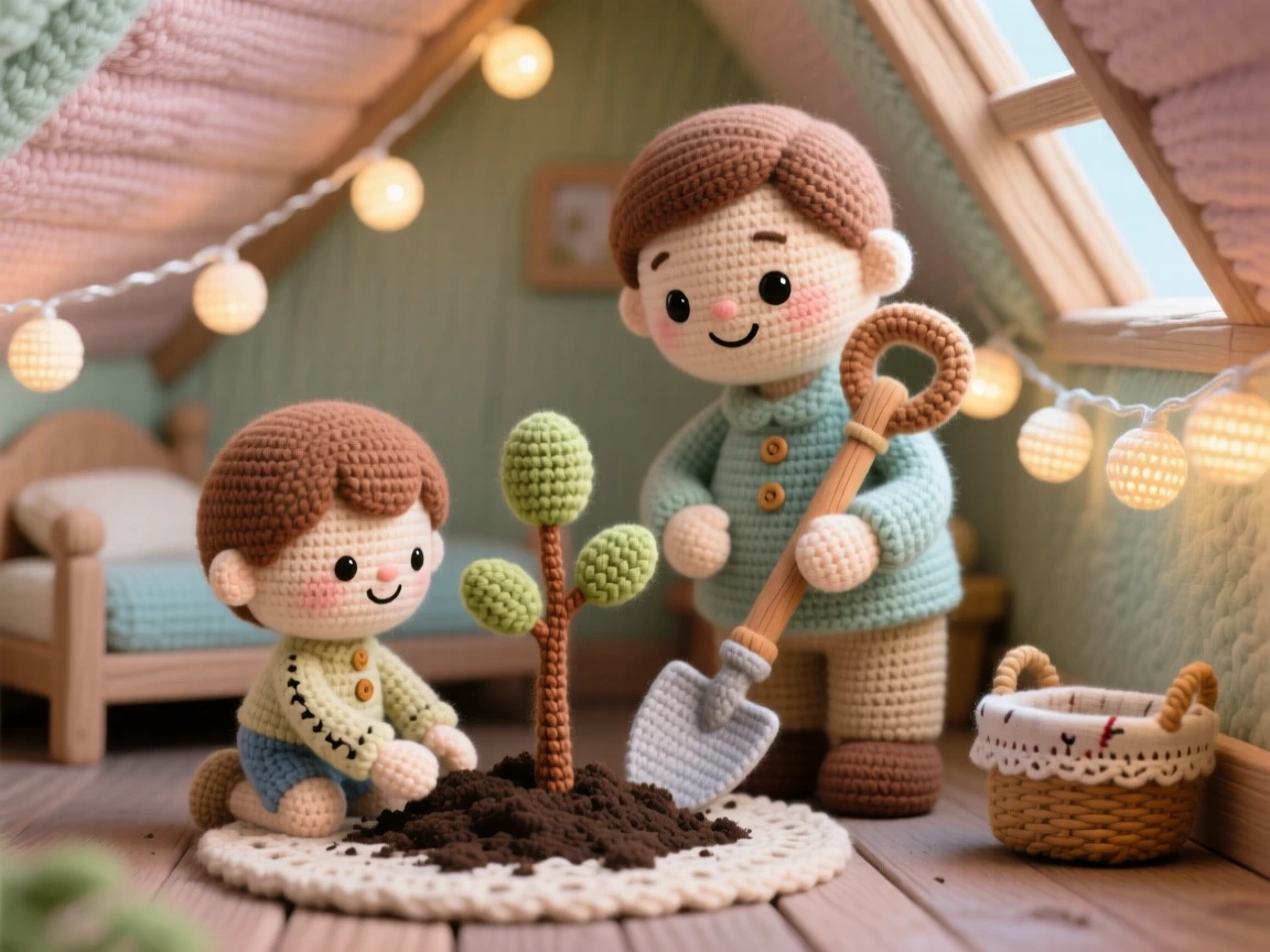 a small child planting a small tree with a parent, with a shovel nearly as tall as they are, is shown patting soil around the new sapling within a snug attic bedroom under a sloped ceiling beside a string of soft fairy lights along the wall, capturing soft nostalgic coziness.