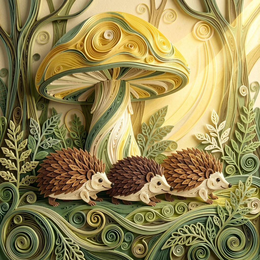 A heartwarming scene of a hedgehog family walking in a single file line beneath a giant mushroom in a mossy forest, with soft rays of golden light filtering in from one side, in a palette of buttery yellow and sage green.