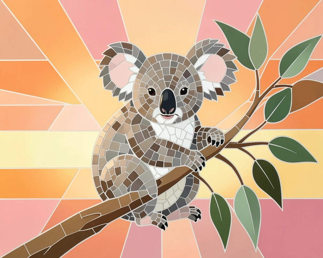 A koala clinging to a eucalyptus branch at sunrise, captured in soft natural light with a shallow depth of field.