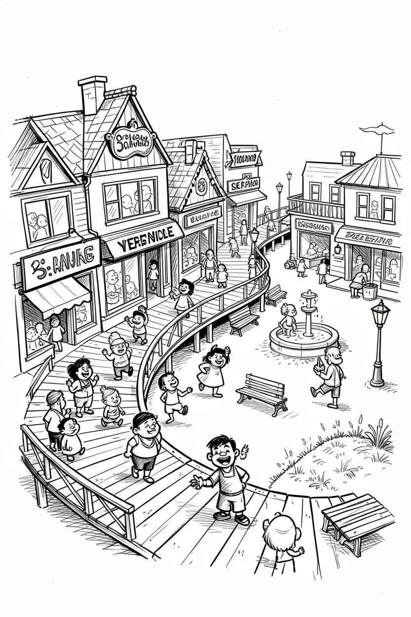 A coastal boardwalk lined with shops beside a quiet village square.