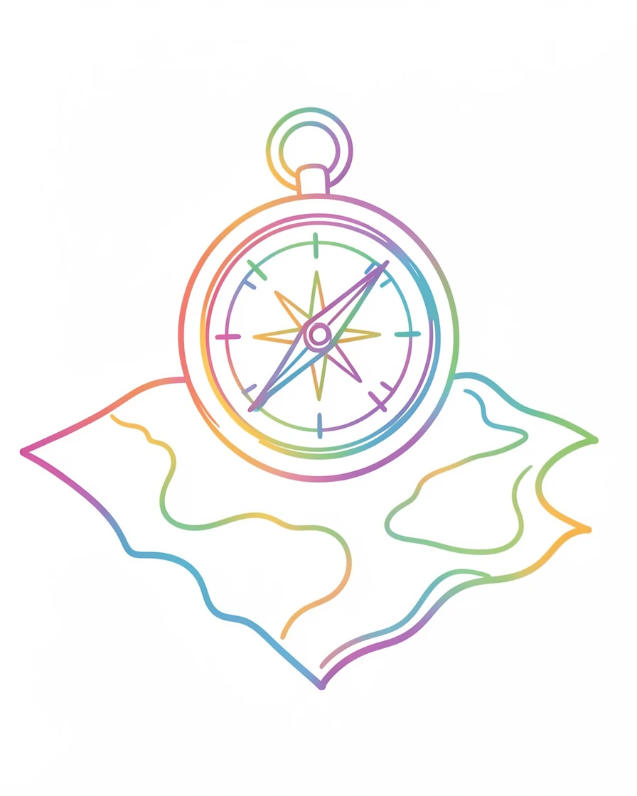 A compass resting on an old map, pointing toward a distant horizon.