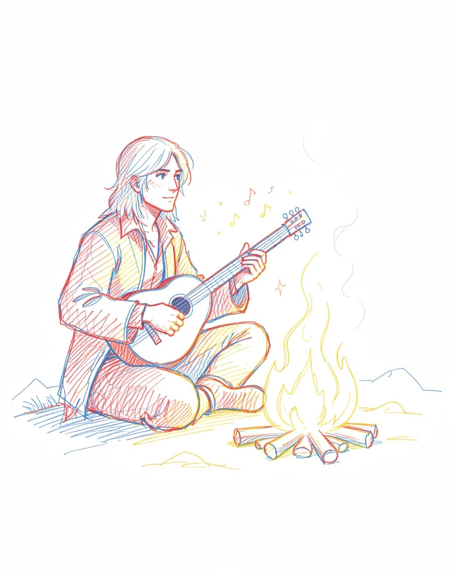 A wandering bard playing an enchanted lute beside a magical campfire