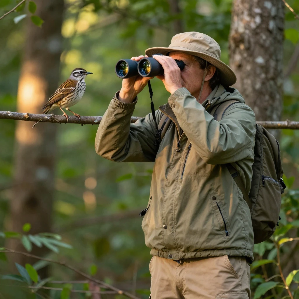A birdwatcher photographing a rare species through binoculars
