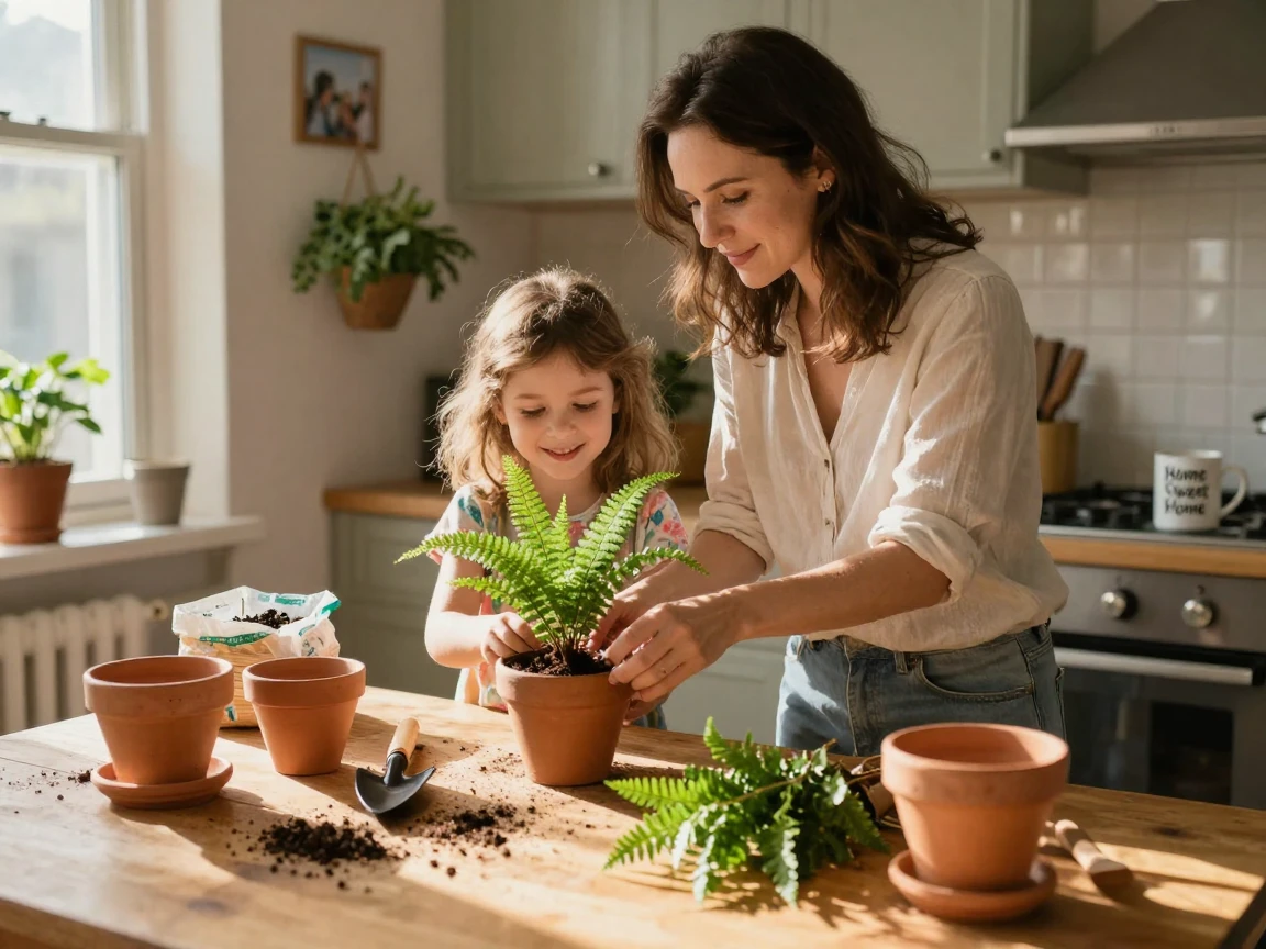 A mother and daughter repot houseplants together on a sunny kitchen table.