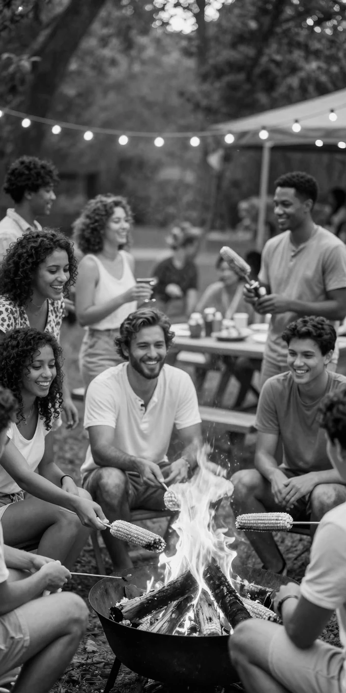 A group of friends roasts corn over an open fire at a lively summer cookout.