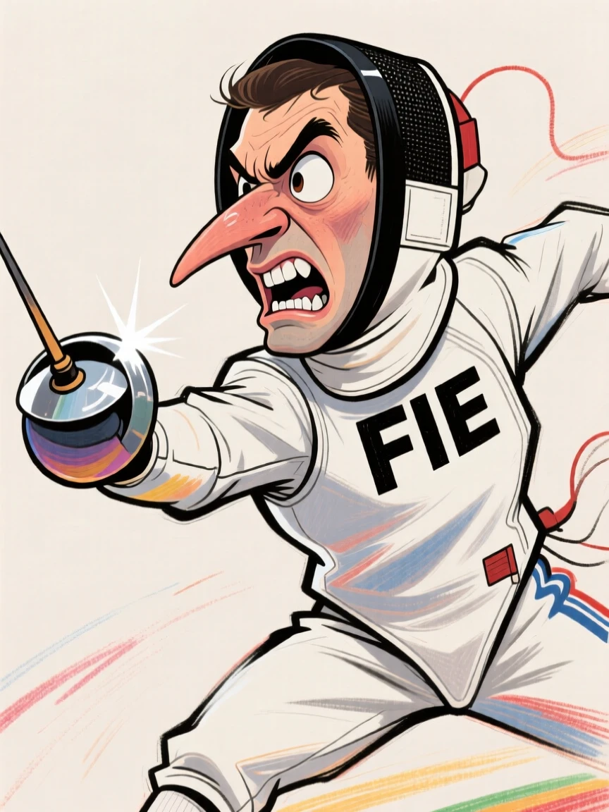 A fencing athlete lunging forward mid-match, foil extended with precision.