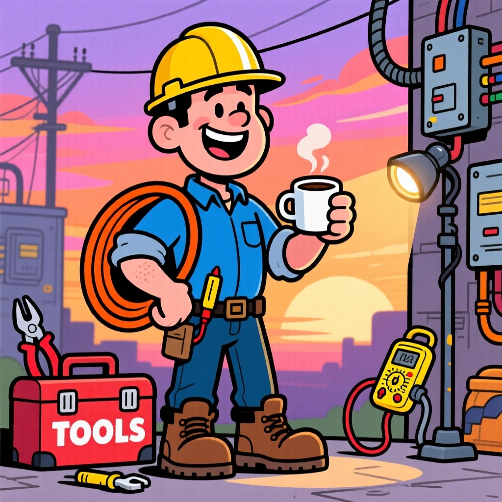 A vibrant profession-themed portrait of a skilled electrician surrounded by the tools and gear of the trade, at the crack of dawn with coffee in hand.