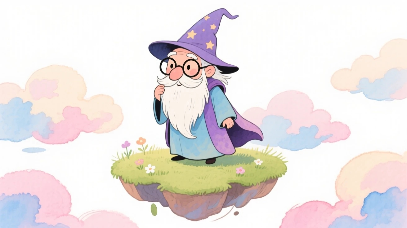 A wise old wizard standing atop a floating island in the clouds