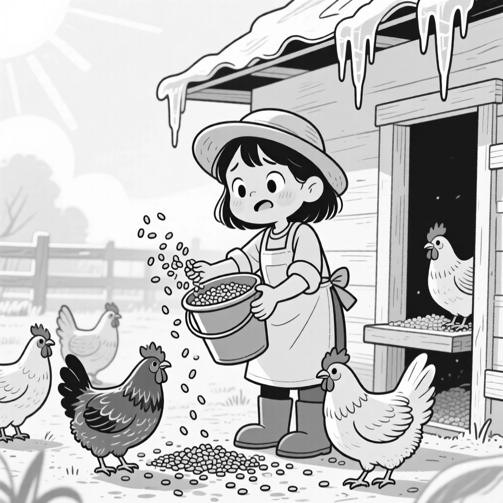 A farmer's daughter feeding chickens from an overflowing bucket, losing count for the third time in a row, set in a sunny farmyard coop. Icicles hang from the eaves nearby. The scene celebrates nature's simple, joyful surprises.