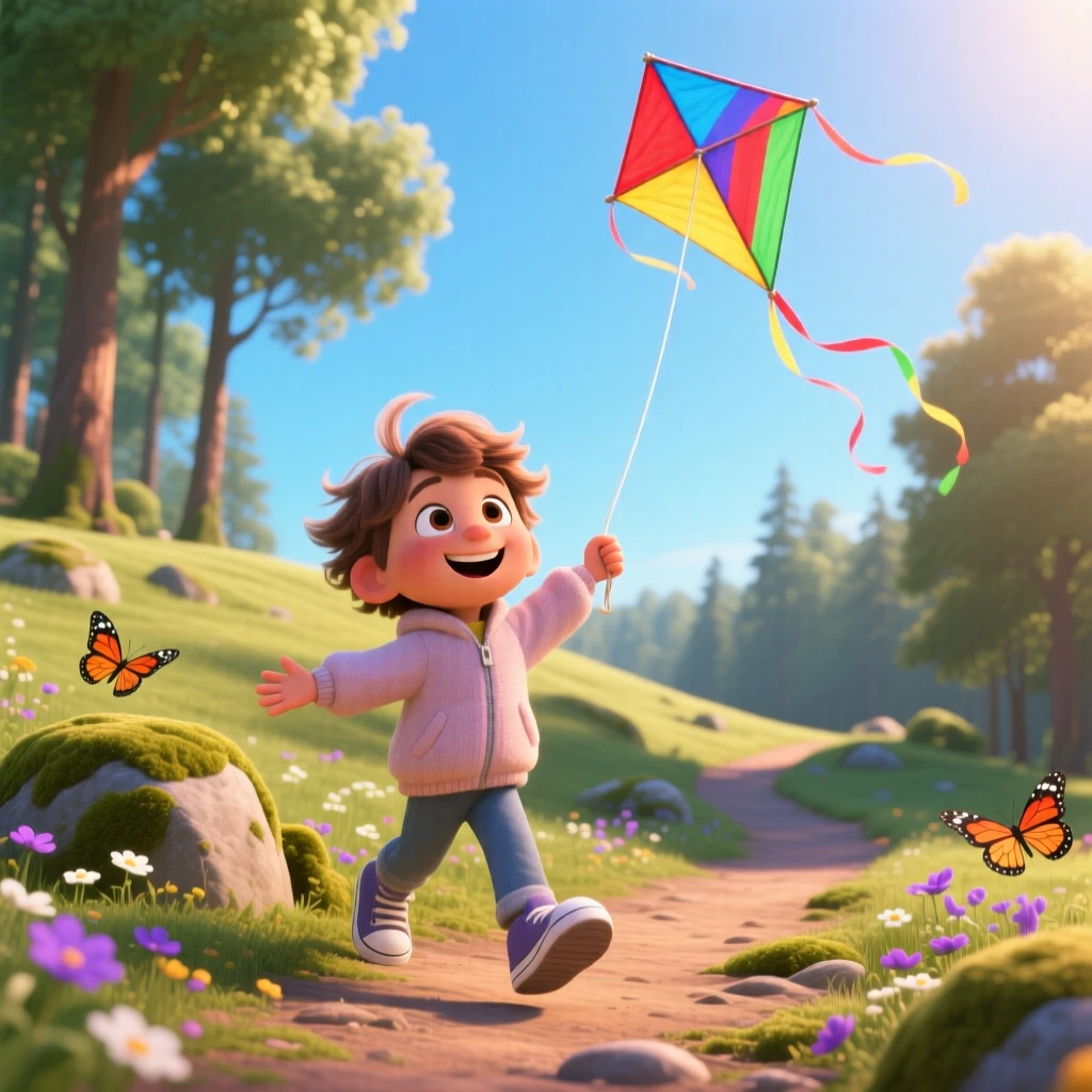 A child flying a colorful kite on a windy hill takes place along a quiet forest trail dappled with light, with a kite string trailing off into the sky. A lighthearted sense of discovery colors the moment.