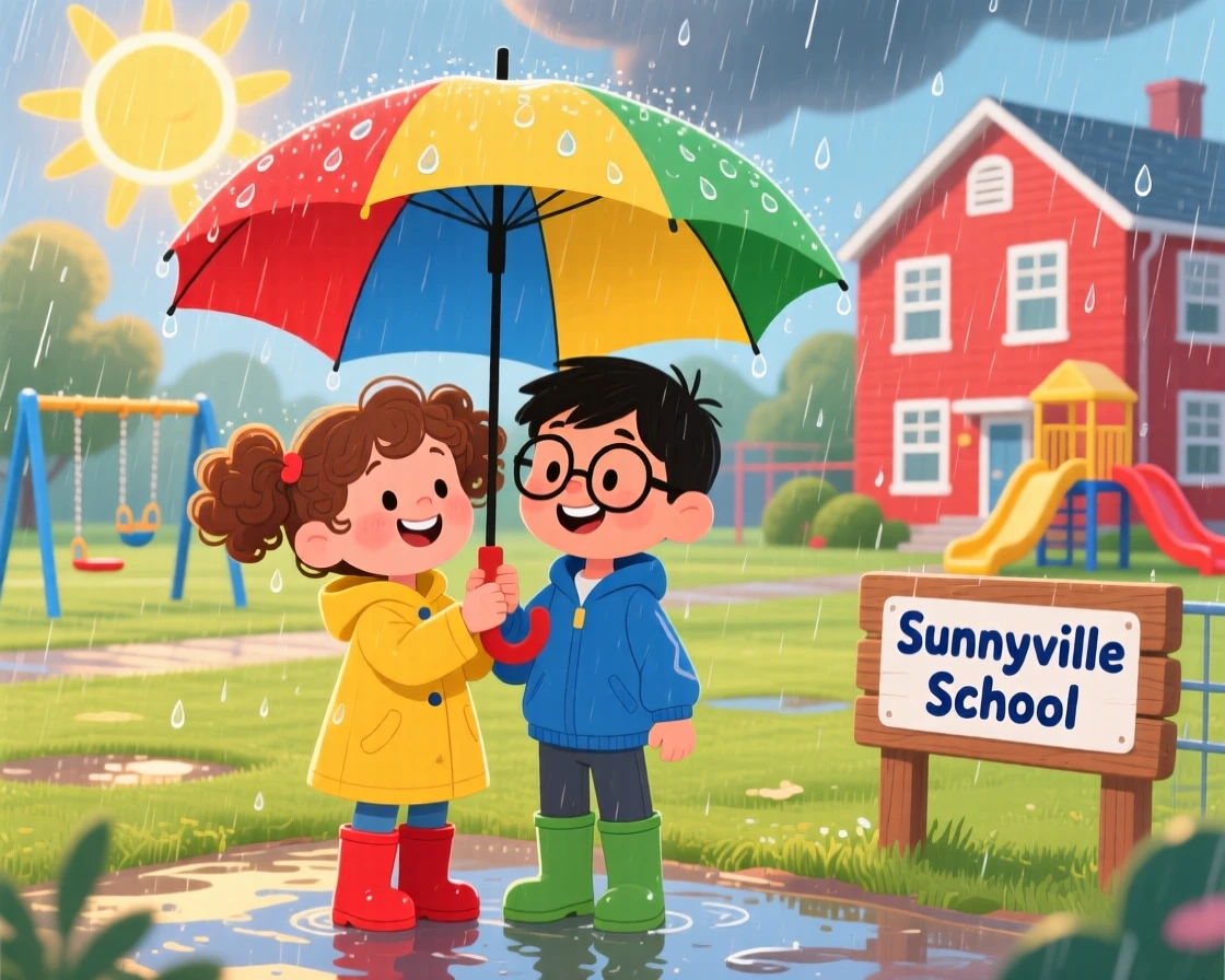 Two best friends are seen sharing an umbrella during a sudden rainstorm in a sunny schoolyard, as a small act of kindness brings a big smile.