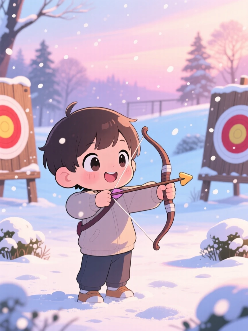 Three-quarter view of a child, practicing archery with a small bow, in a sunny outdoor range, amid softly falling snow, illuminated by soft pastel light of dawn, radiating peaceful calm.