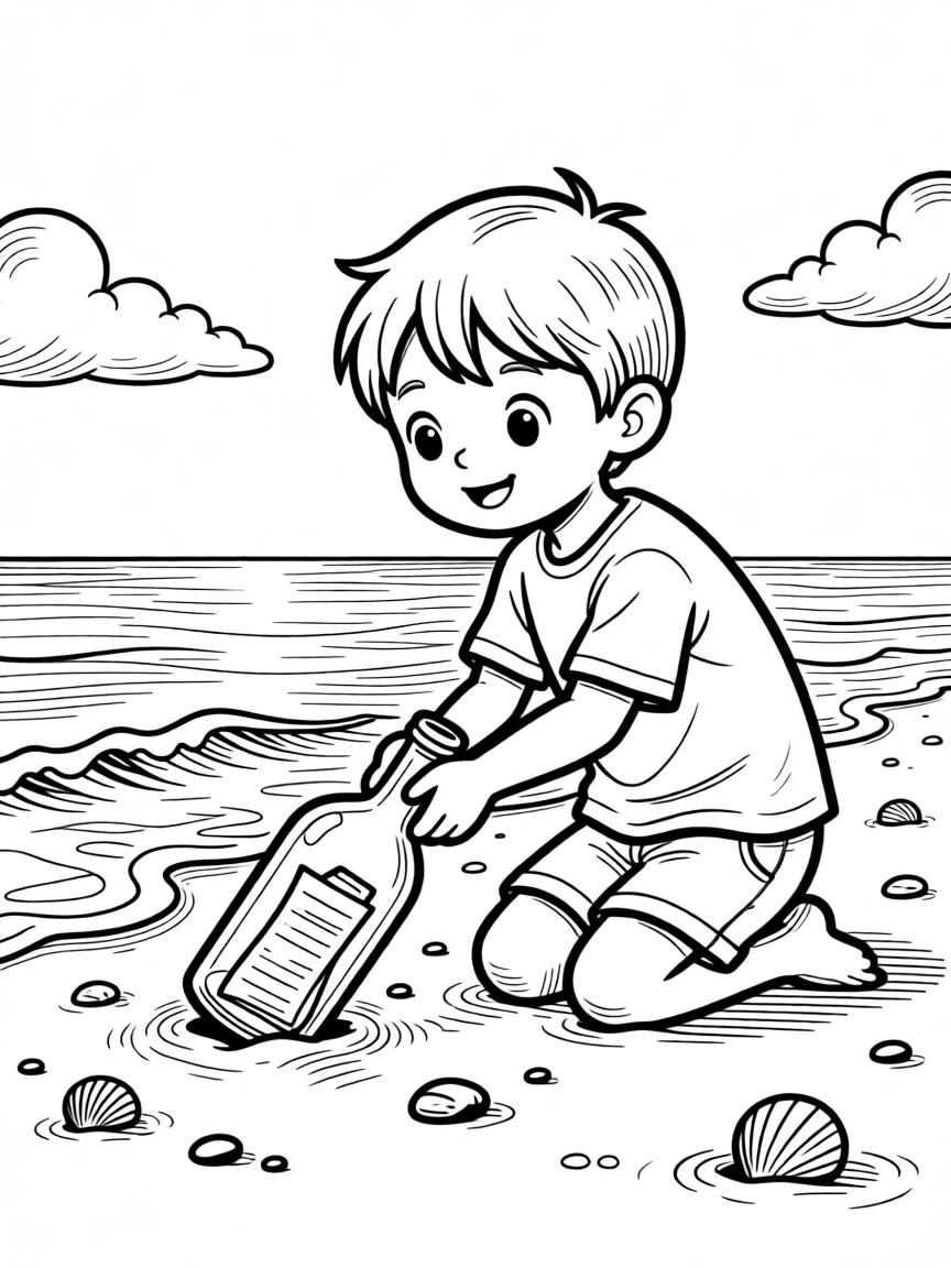 A child finding a message in a bottle washed up on shore