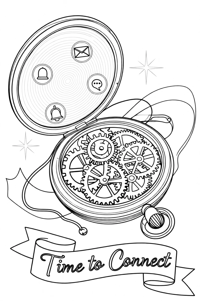 A pocket watch with an open case revealing intricate gears, with notification icons subtly glowing on the screen.