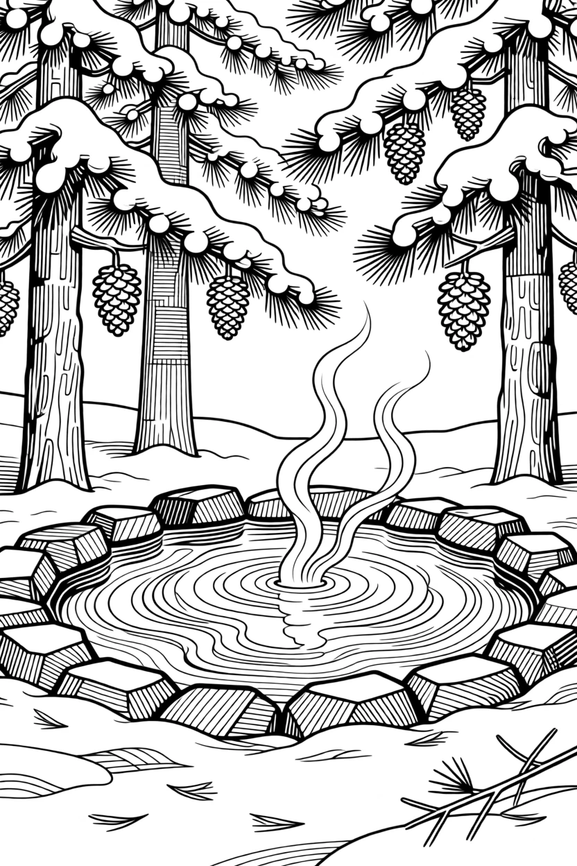 A hot spring surrounded by snow-dusted pine trees and steam.