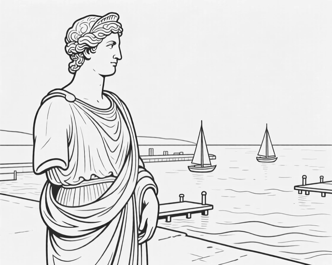 A famous ancient statue standing watch over a harbor