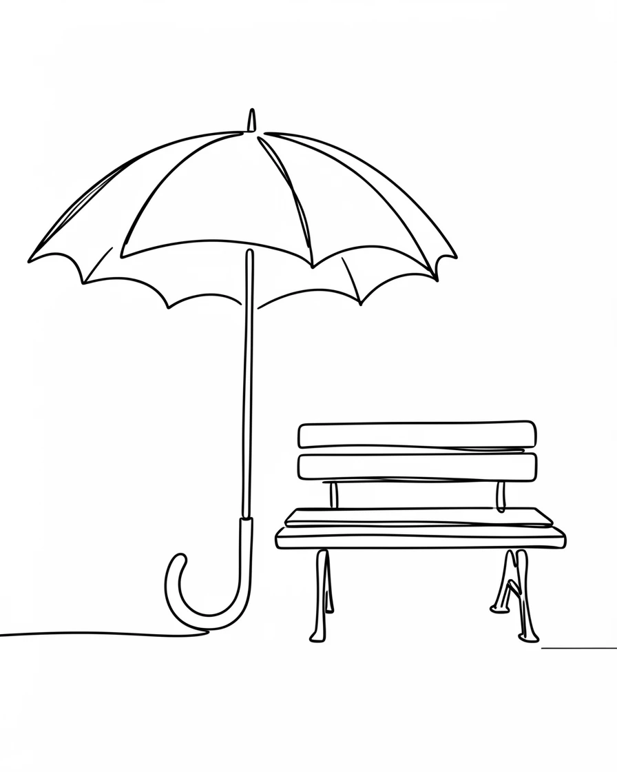 A single umbrella left open in the rain beside an empty bench, representing solitude