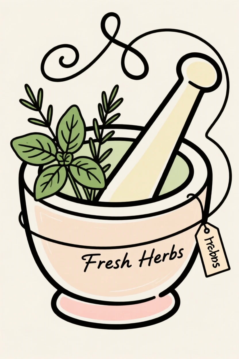 A mortar and pestle with fresh herbs