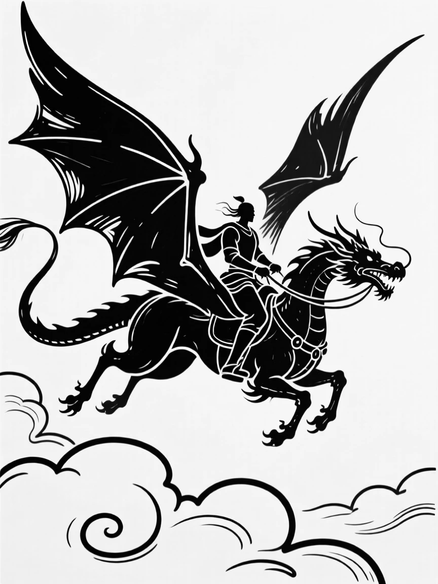 A dragon rider soaring above the clouds on a massive winged beast.