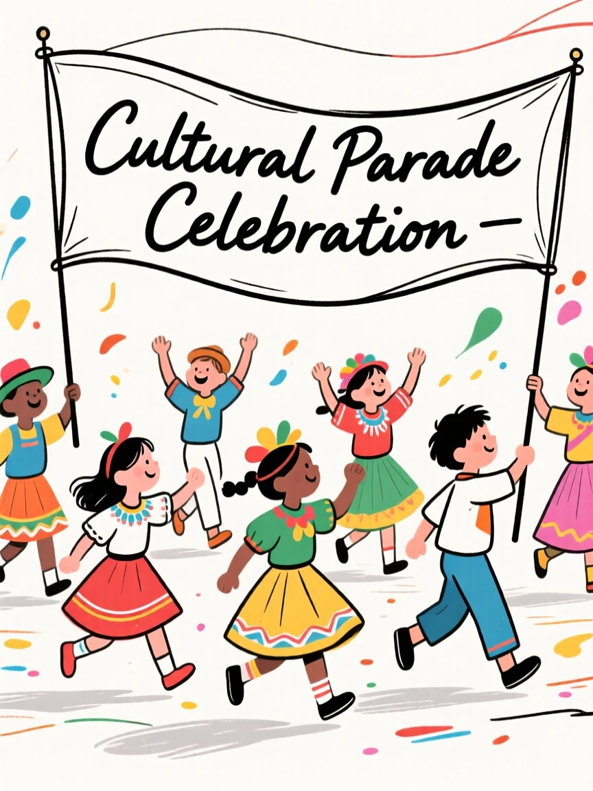 A group of children in colorful costumes celebrating a cultural parade.