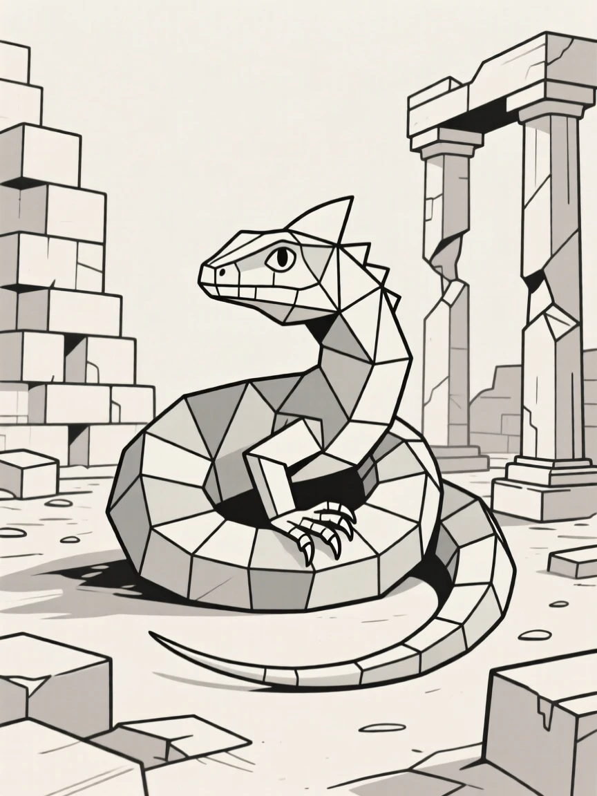 A basilisk coiled among ancient ruins